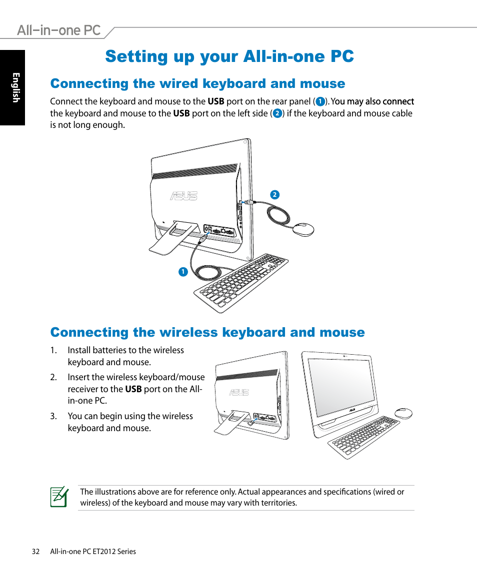 Setting up your all-in-one pc, Connecting the wired keyboard and mouse, Connecting the wireless keyboard and mouse | Asus ET2012IUTS User Manual | Page 32 / 44