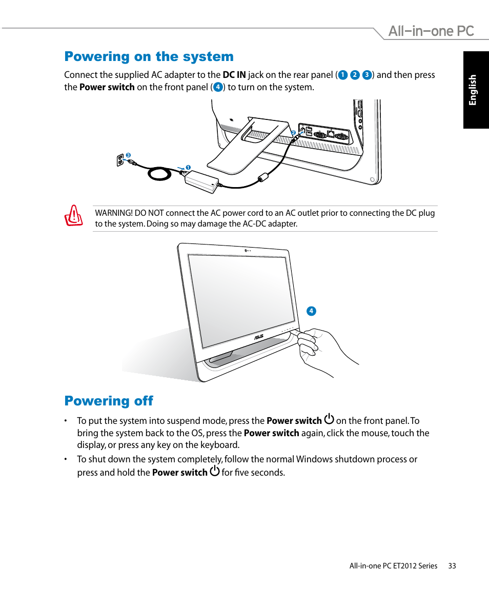 Powering on the system, Powering off, Powering on the system powering off | Asus ET2012IUTS User Manual | Page 33 / 44