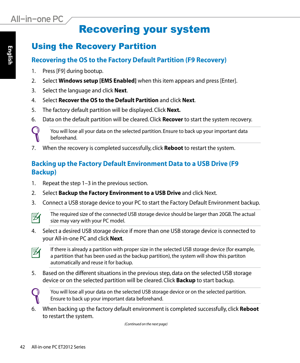 Recovering your system, Using the recovery partition | Asus ET2012IUTS User Manual | Page 42 / 44