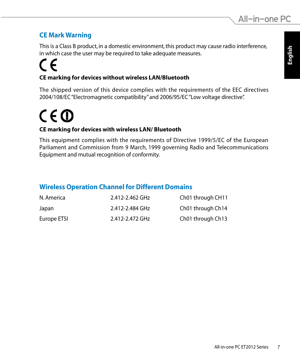 Ce mark warning, Wireless operation channel for different domains | Asus ET2012IUTS User Manual | Page 7 / 44