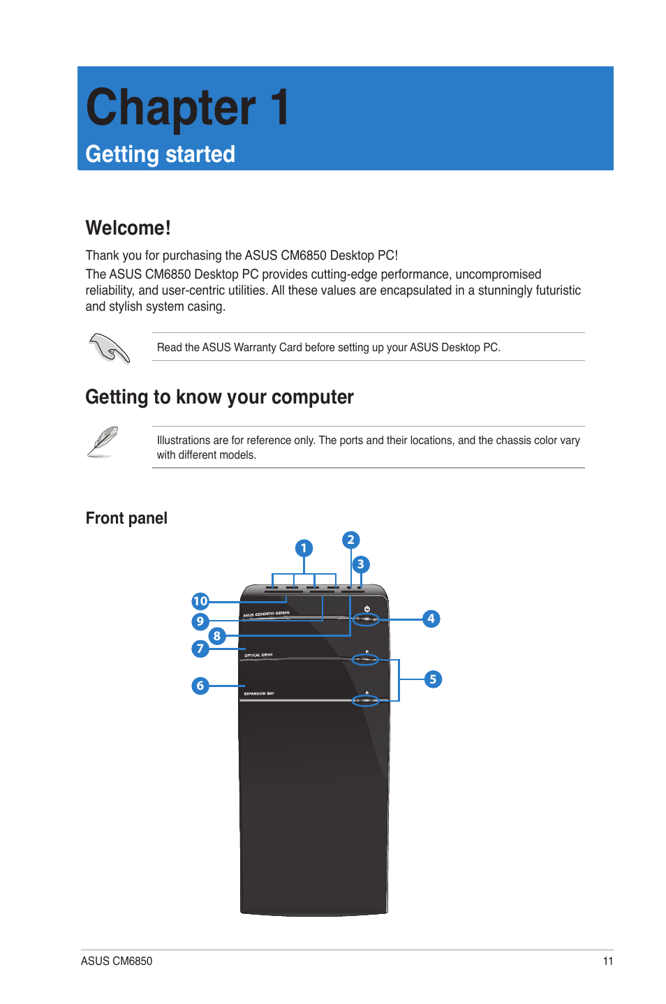 Chapter 1: getting started, Welcome, Getting to know your computer | Getting started, Welcome! getting to know your computer, Chapter 1 | Asus CM6850 User Manual | Page 11 / 70