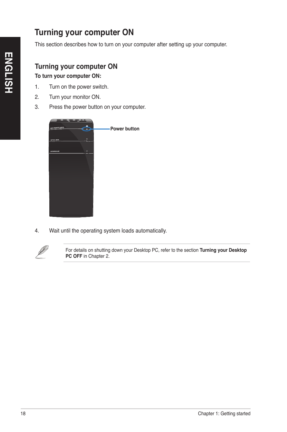 Turning your computer on, En gl is h en gl is h | Asus CM6850 User Manual | Page 18 / 70