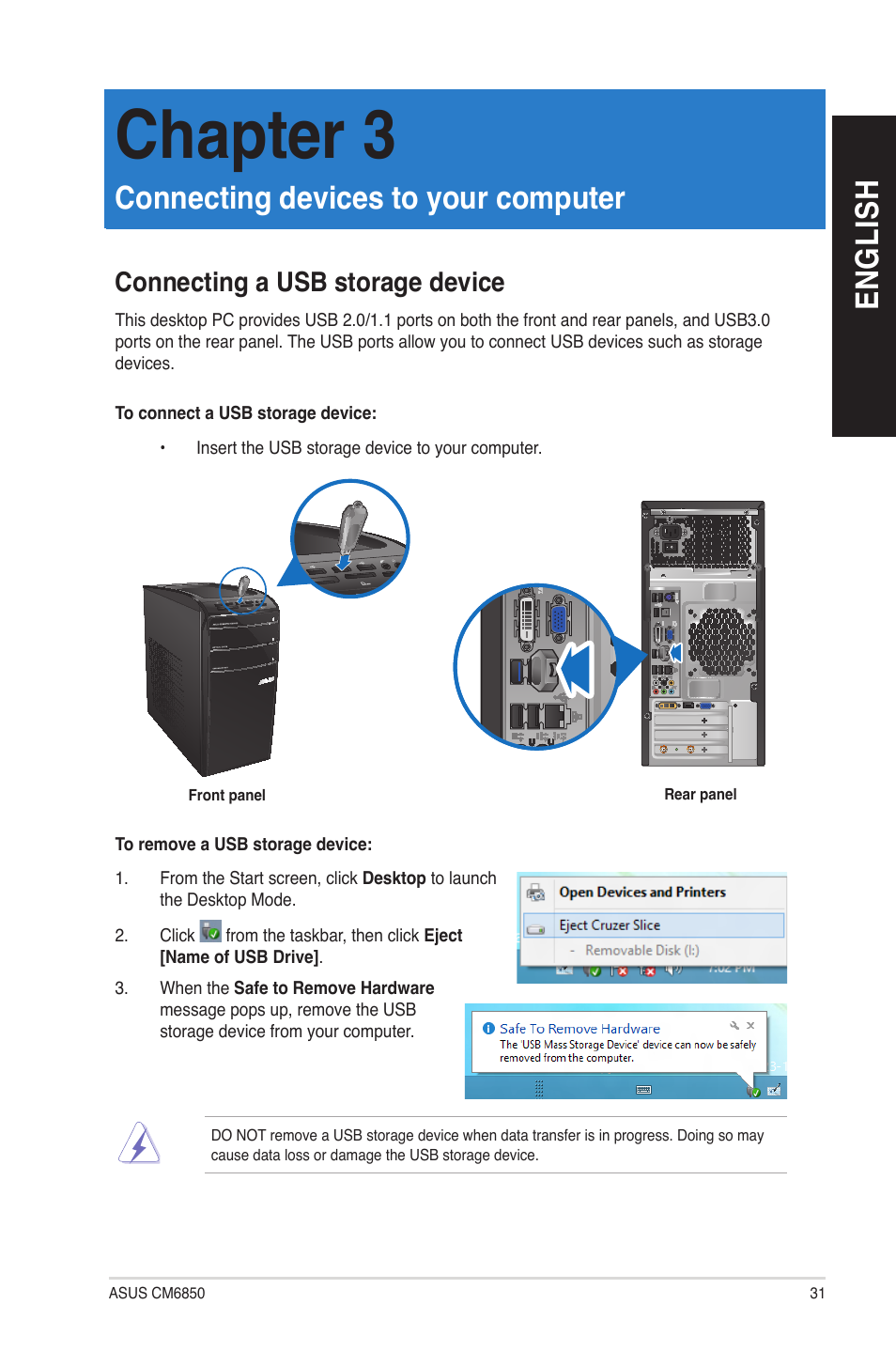 Chapter 3: connecting devices to your computer, Connecting a usb storage device, Connecting devices to your computer | Chapter 3, En gl is h en gl is h | Asus CM6850 User Manual | Page 31 / 70