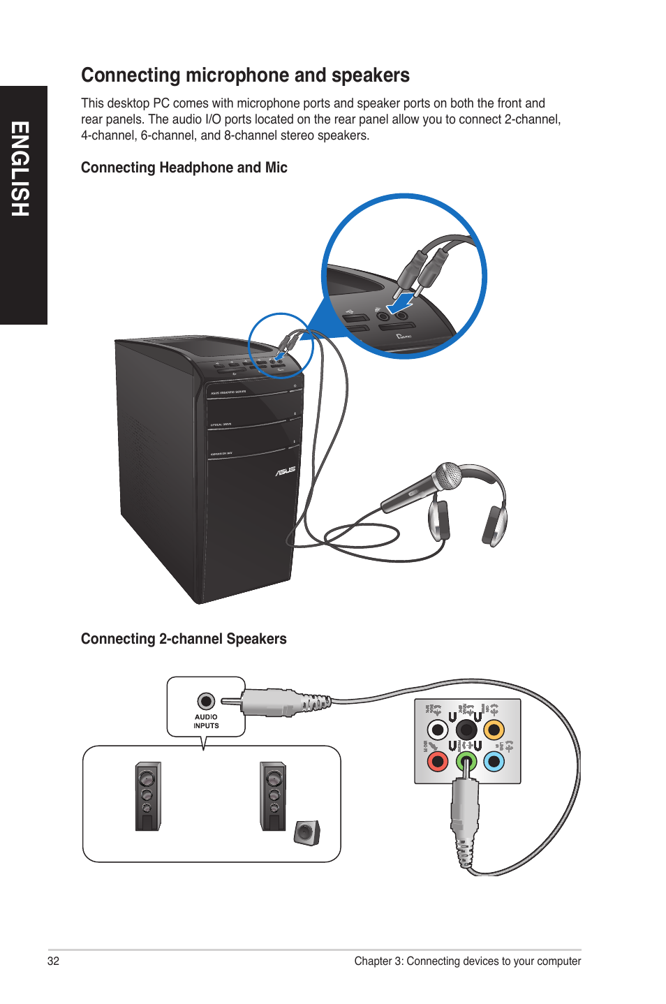 Connecting microphone and speakers, En gl is h en gl is h en gl is h en gl is h | Asus CM6850 User Manual | Page 32 / 70