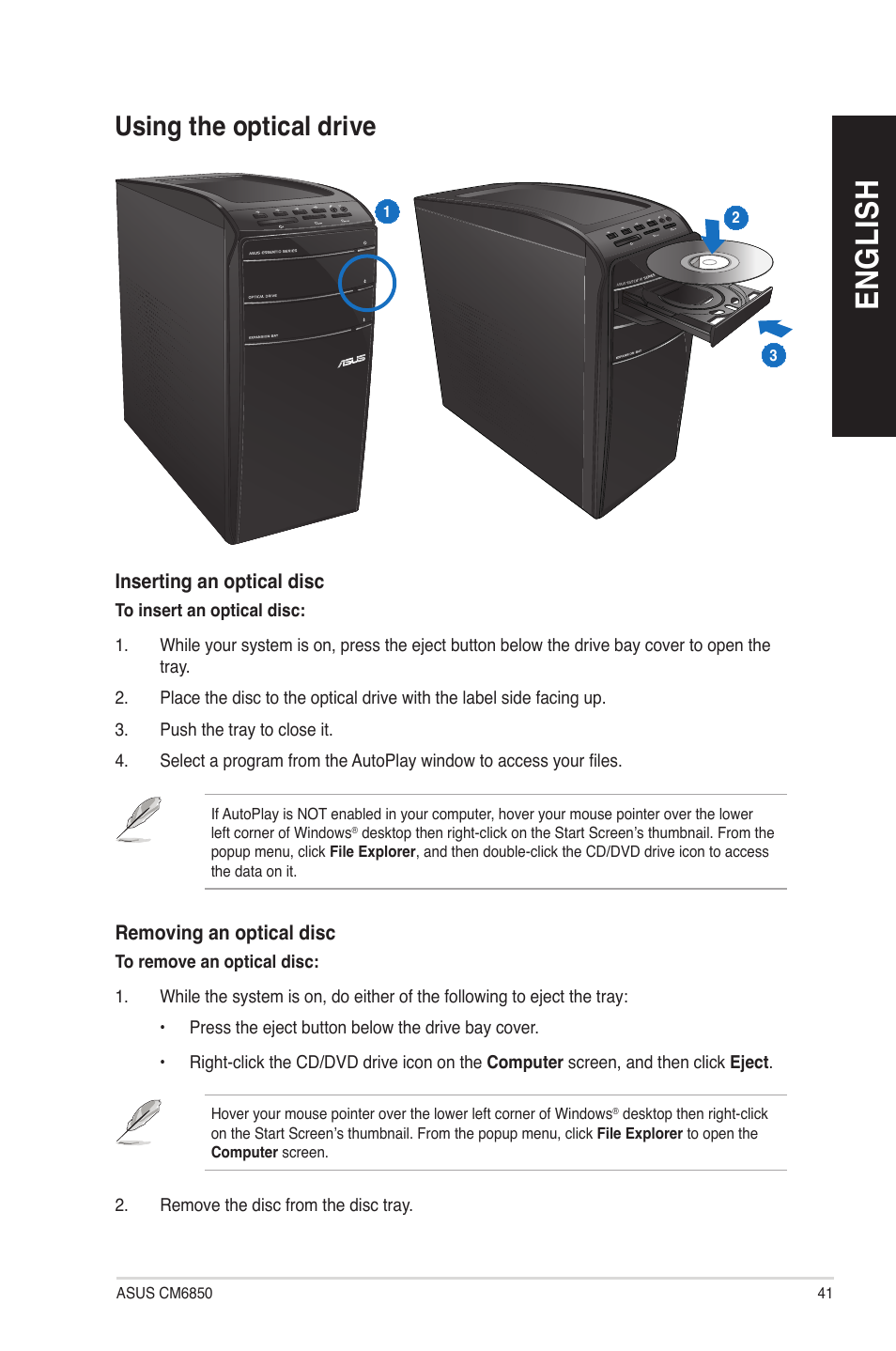 Using the optical drive, En gl is h en gl is h | Asus CM6850 User Manual | Page 41 / 70