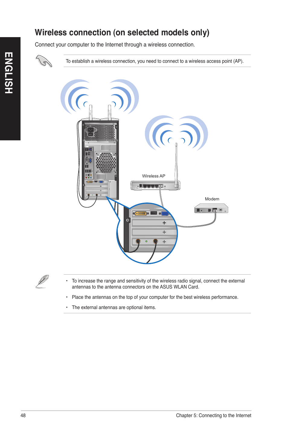 Wireless connection (on selected models only), En gl is h en gl is h en gl is h en gl is h | Asus CM6850 User Manual | Page 48 / 70