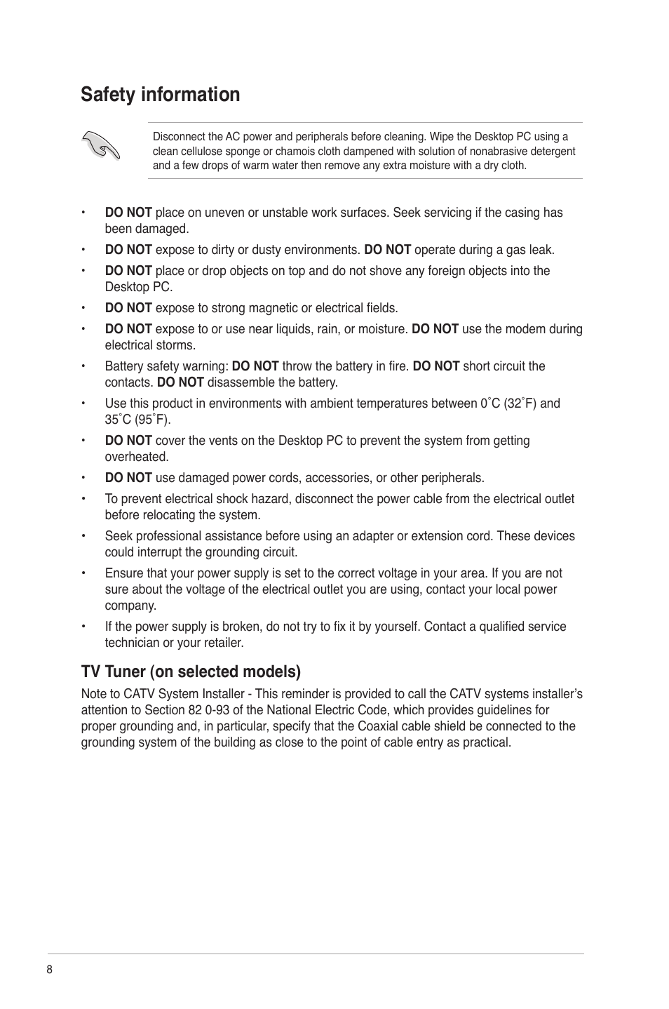 Safety information, Tv tuner (on selected models) | Asus CM6850 User Manual | Page 8 / 70