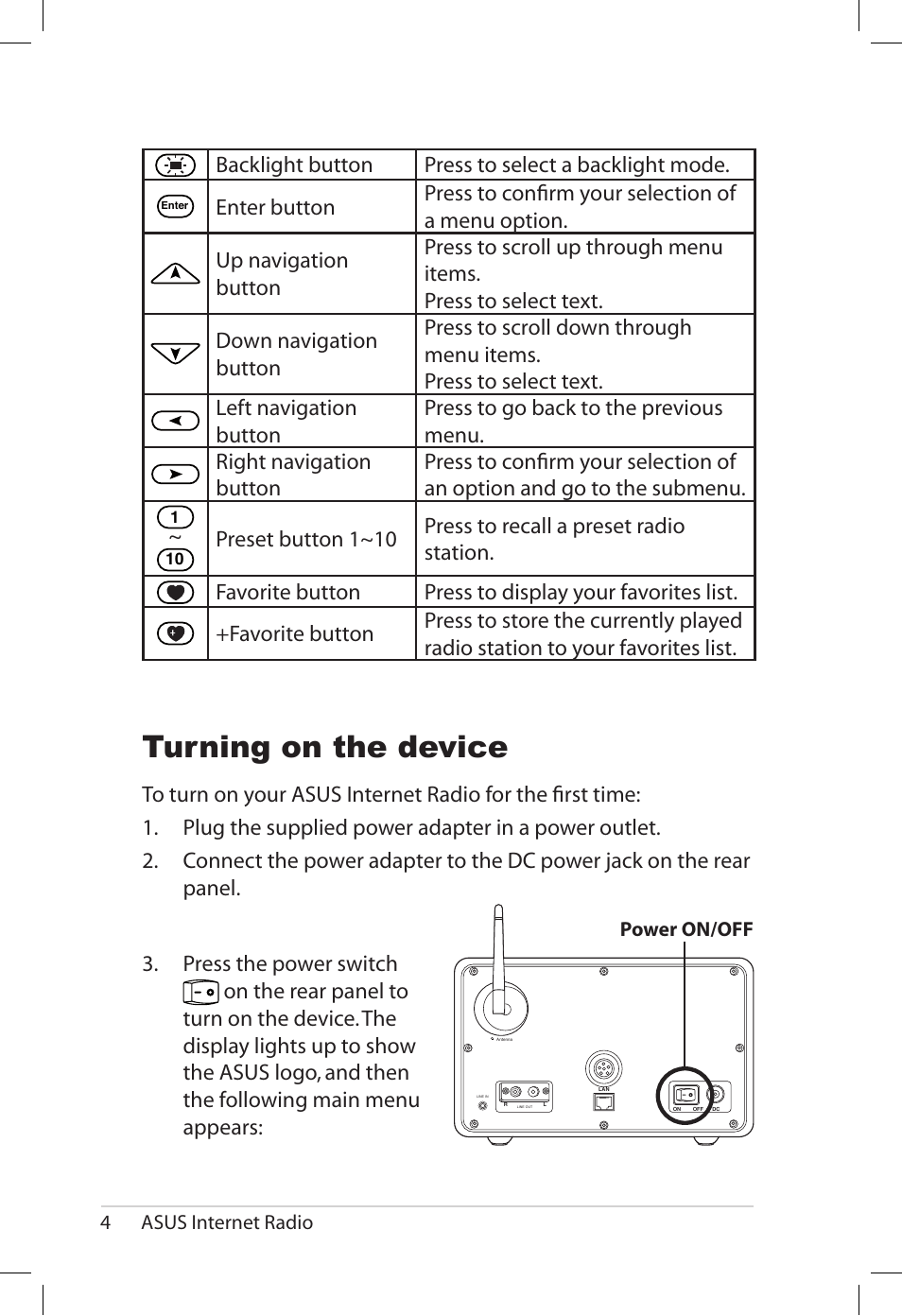 Turning on the device, Backlight button press to select a backlight mode | Asus AIR User Manual | Page 12 / 26