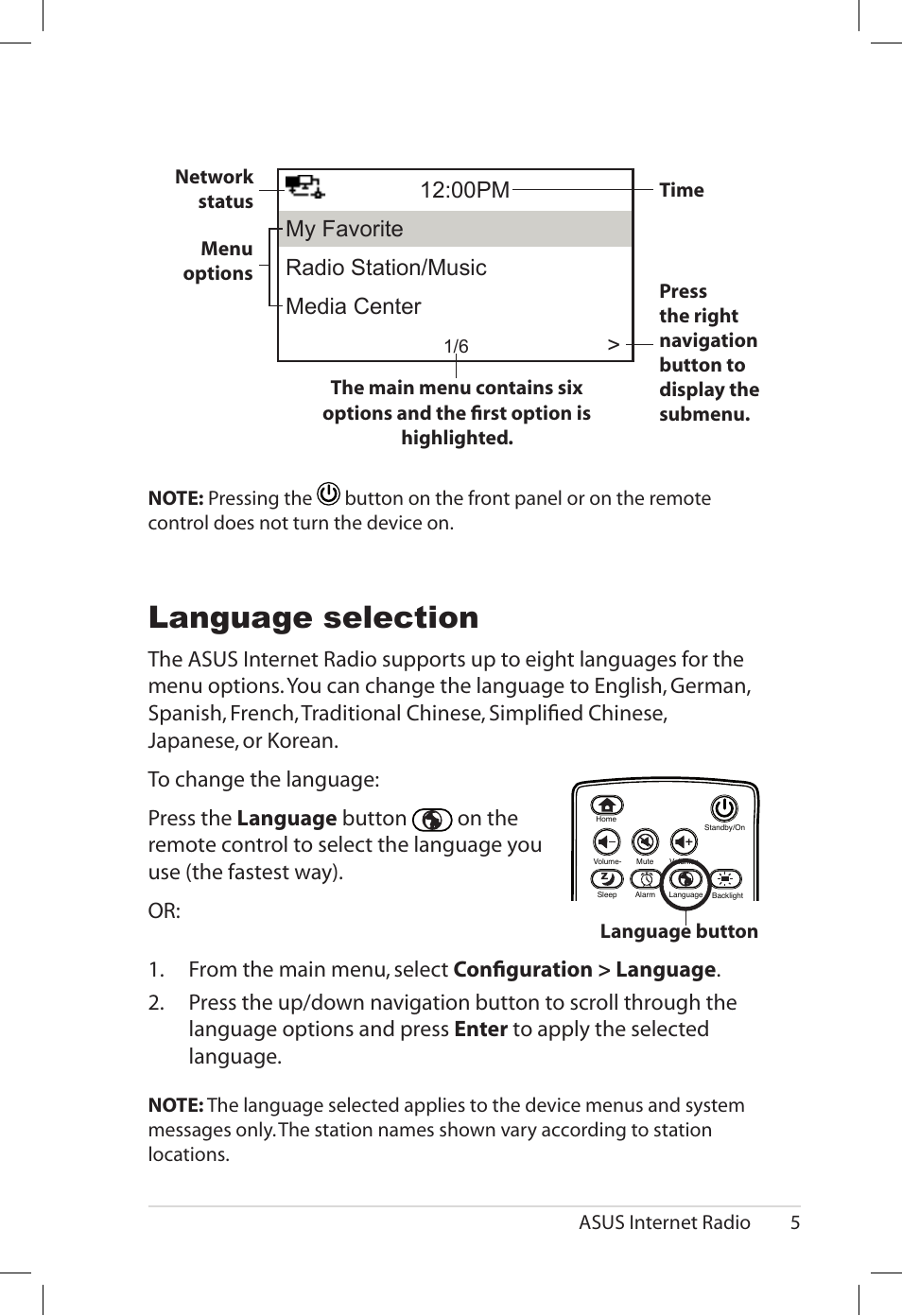 Language selection, 00pm my favorite radio station/music media center, Language.button | Asus AIR User Manual | Page 13 / 26