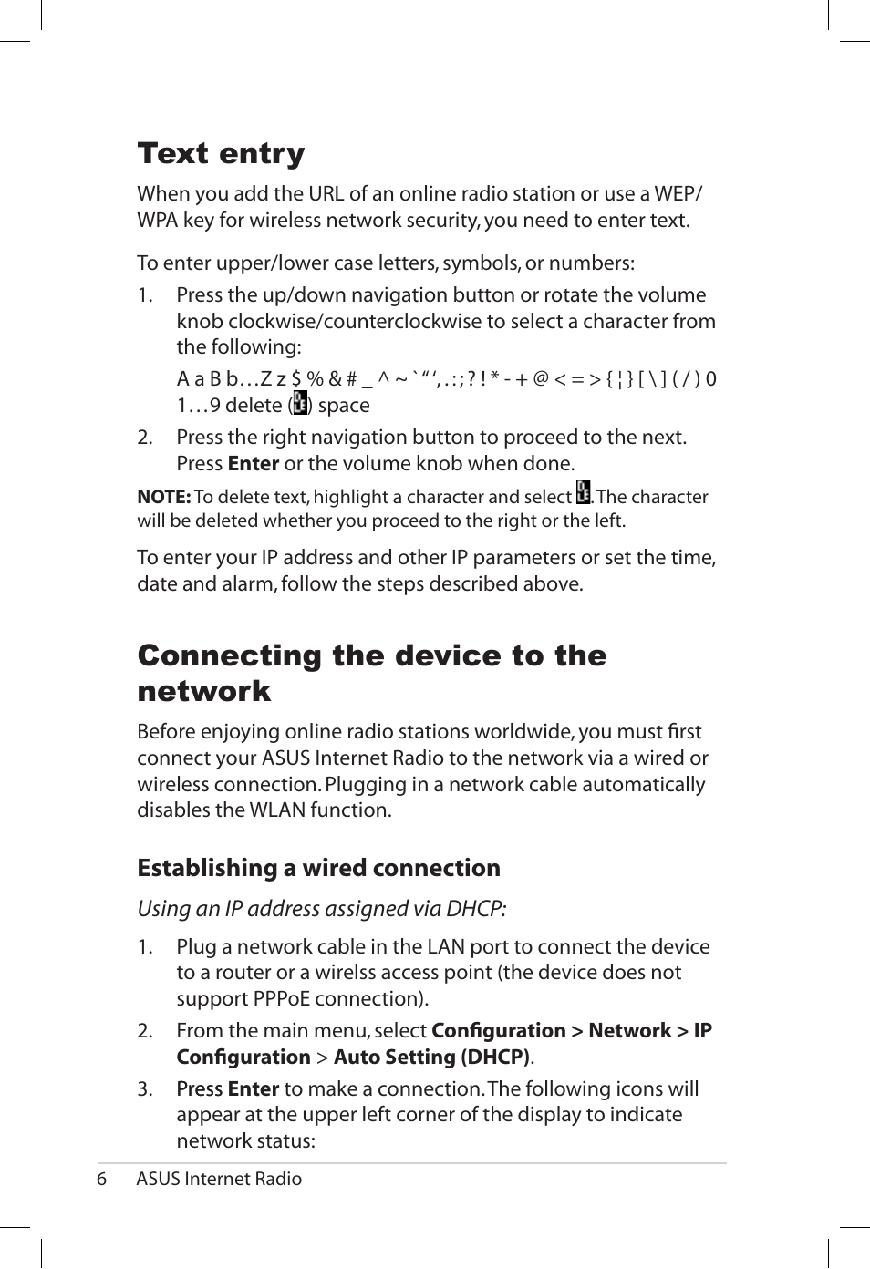 Text entry, Connecting the device to the network, Establishing.a.wired.connection | Asus AIR User Manual | Page 14 / 26