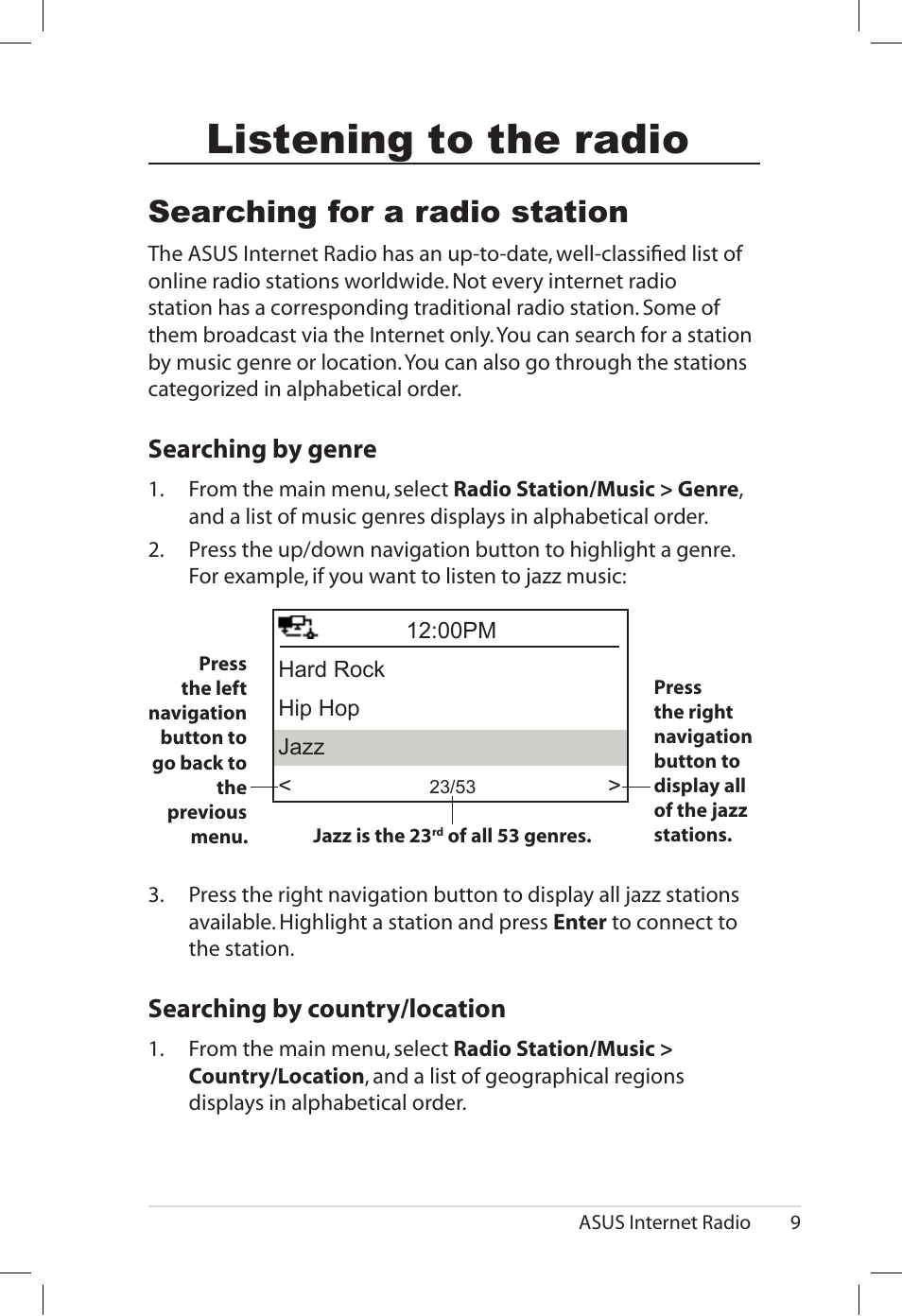 Listening to the radio, Searching for a radio station, Searching.by.genre | Searching.by.country�location | Asus AIR User Manual | Page 17 / 26