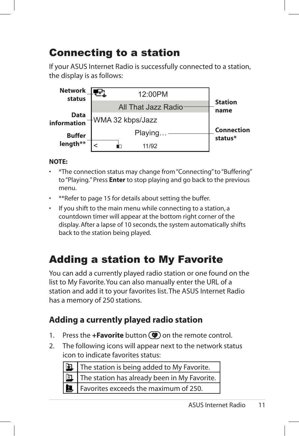 Connecting to a station, Adding a station to my favorite, Adding.a.currently.played.radio.station | Asus AIR User Manual | Page 19 / 26