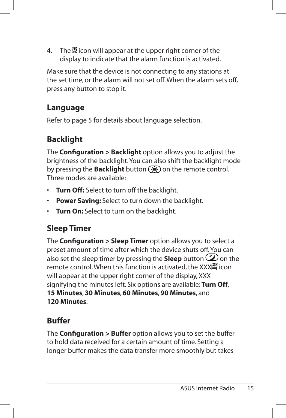 Language, Bac�light, Sleep.timer | Buffer | Asus AIR User Manual | Page 23 / 26