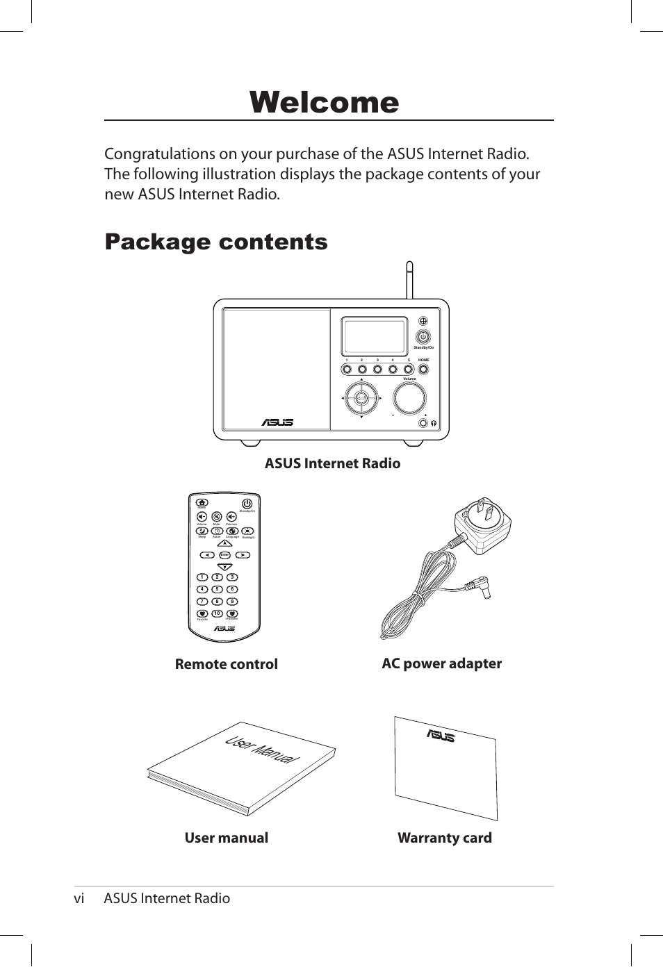 Welcome, Package contents, User manual | Vi asus internet radio | Asus AIR User Manual | Page 6 / 26