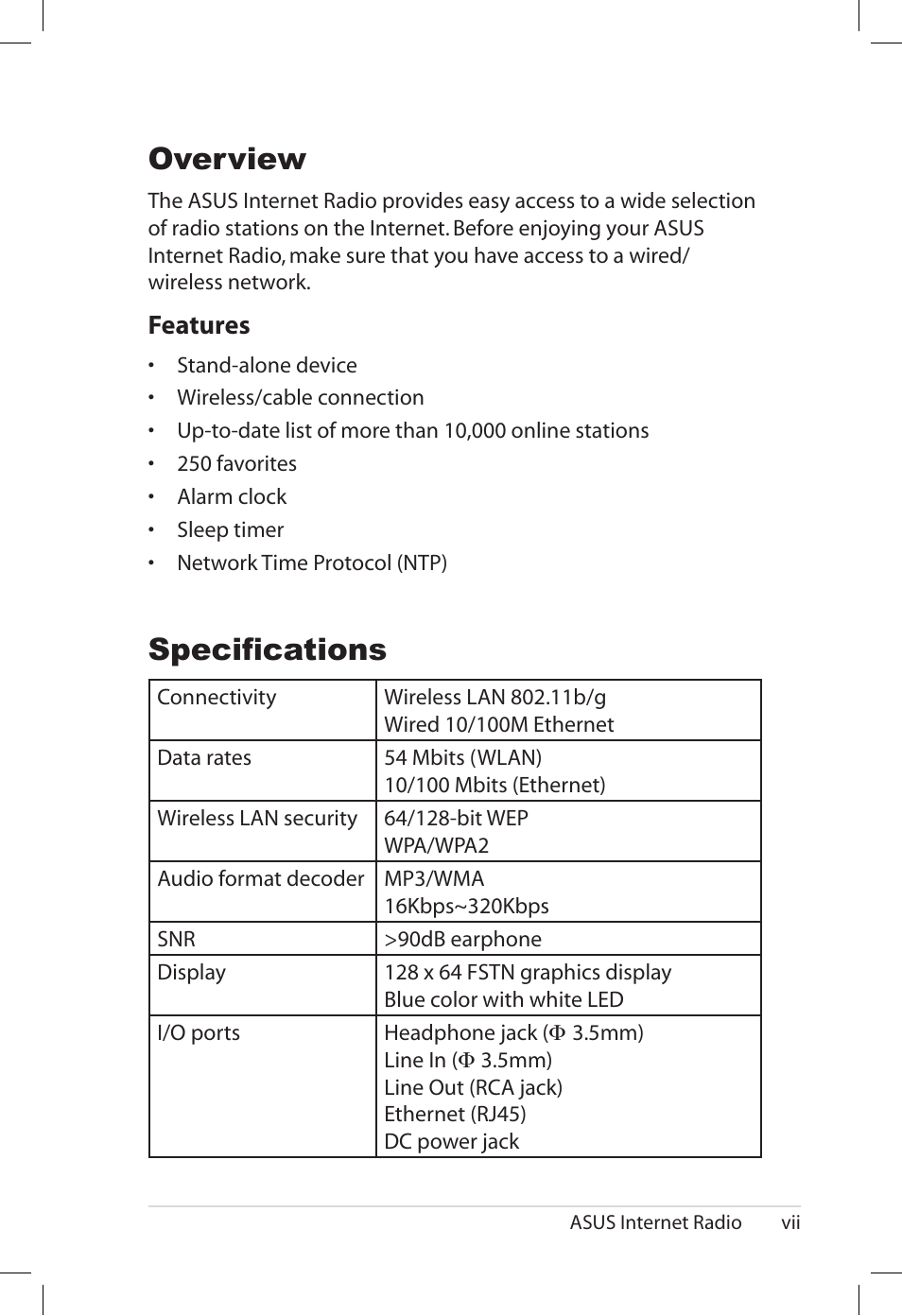 Specifications, Overview, Features | Asus AIR User Manual | Page 7 / 26