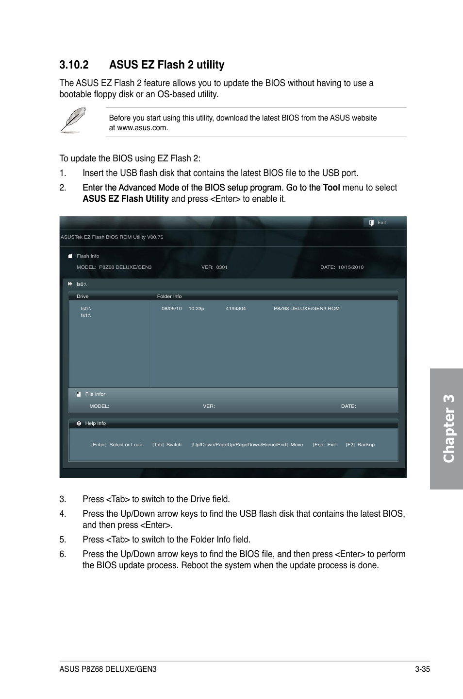 2 asus ez flash 2 utility, Asus ez flash 2 utility -35, Chapter 3 | Asus P8Z68 DELUXE/GEN3 User Manual | Page 103 / 148