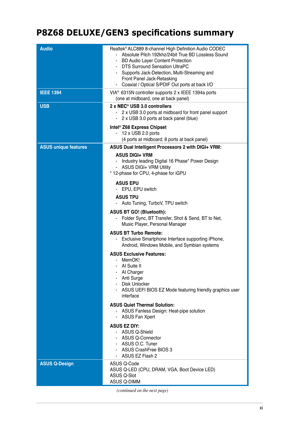 P8z68 deluxe/gen3 specifications summary | Asus P8Z68 DELUXE/GEN3 User Manual | Page 11 / 148