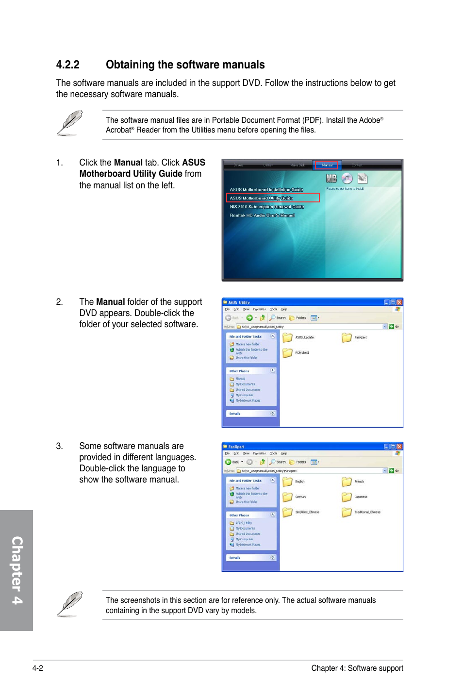 2 obtaining the software manuals, Obtaining the software manuals -2, Chapter 4 | Asus P8Z68 DELUXE/GEN3 User Manual | Page 110 / 148