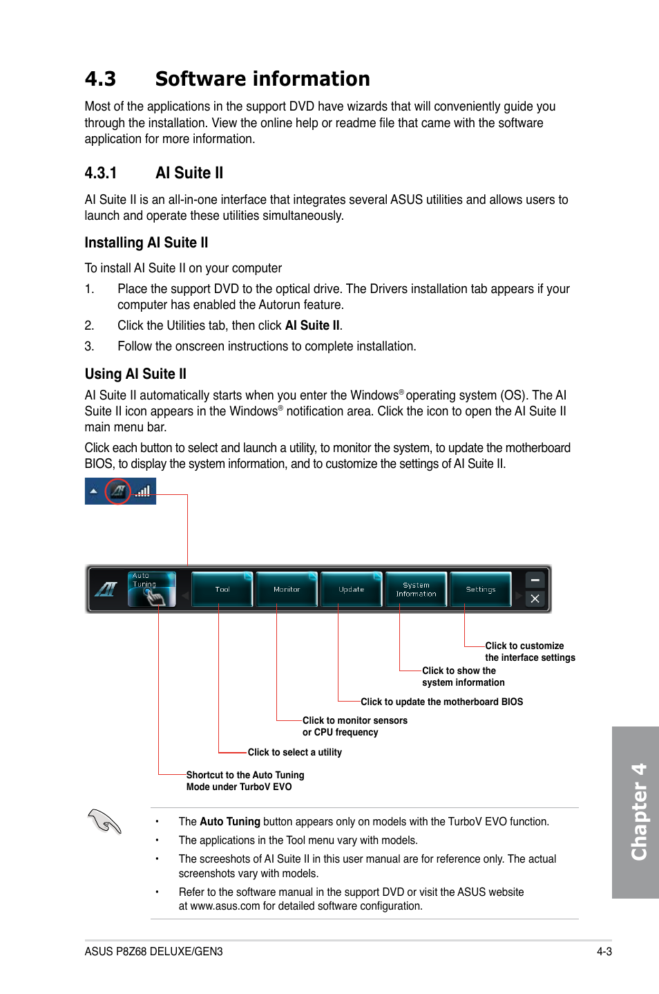 3 software information, 1 ai suite ii, Software information -3 4.3.1 | Ai suite ii -3, Chapter 4 4.3 software information | Asus P8Z68 DELUXE/GEN3 User Manual | Page 111 / 148