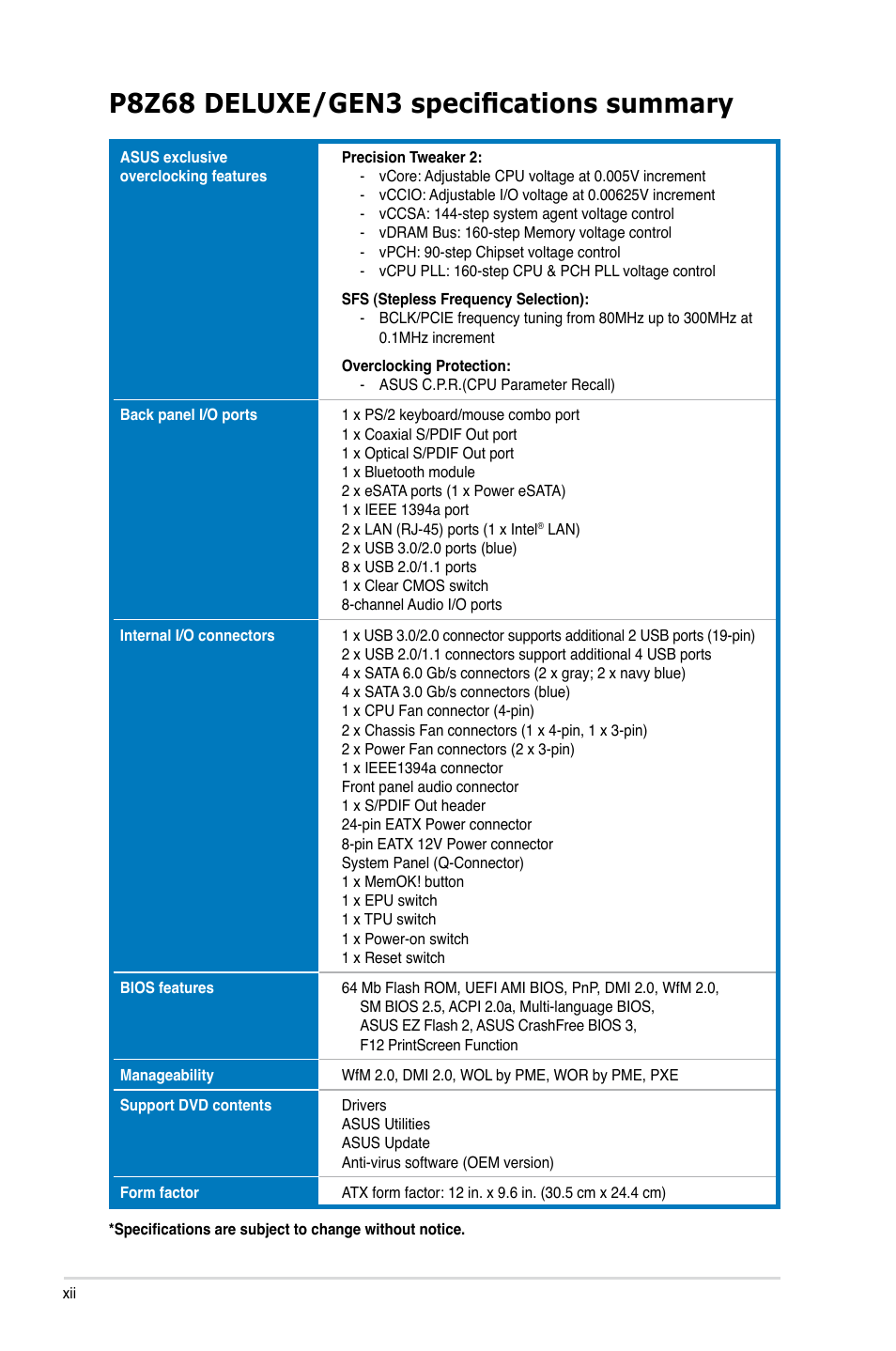 P8z68 deluxe/gen3 specifications summary | Asus P8Z68 DELUXE/GEN3 User Manual | Page 12 / 148