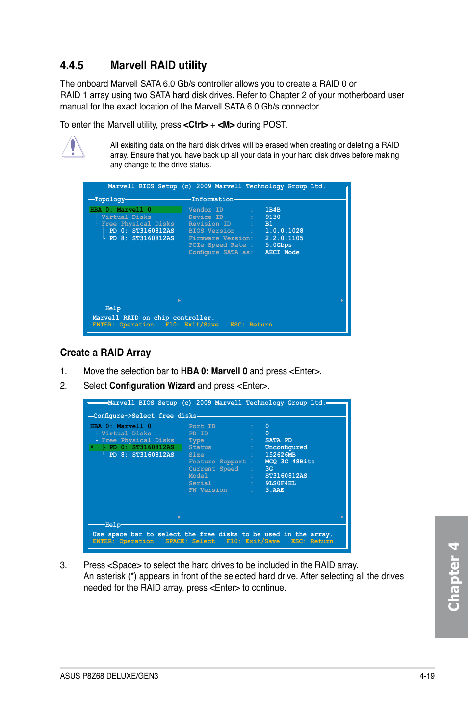 5 marvell raid utility, Marvell raid utility -19, Chapter 4 | Create a raid array | Asus P8Z68 DELUXE/GEN3 User Manual | Page 127 / 148