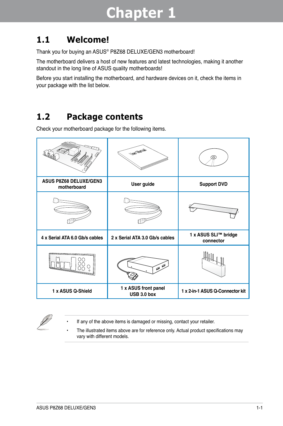 Chapter 1: product introduction, 1 welcome, 2 package contents | Chapter 1, Product introduction, Welcome! -1, Package contents -1, Chapter 1 1.1 welcome | Asus P8Z68 DELUXE/GEN3 User Manual | Page 13 / 148