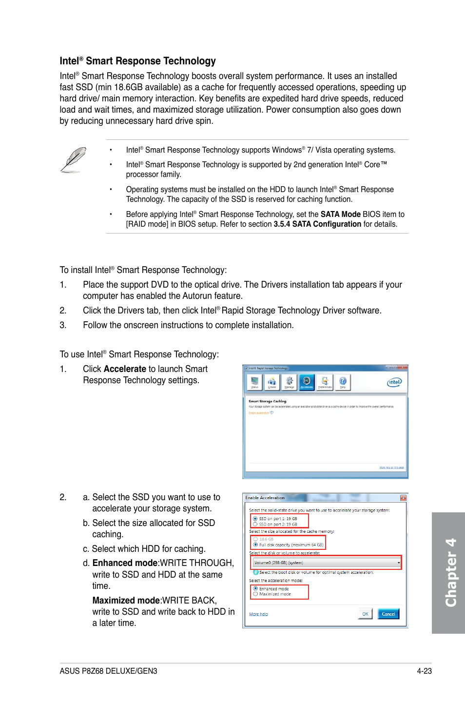 Chapter 4, Intel, Smart response technology | Asus P8Z68 DELUXE/GEN3 User Manual | Page 131 / 148