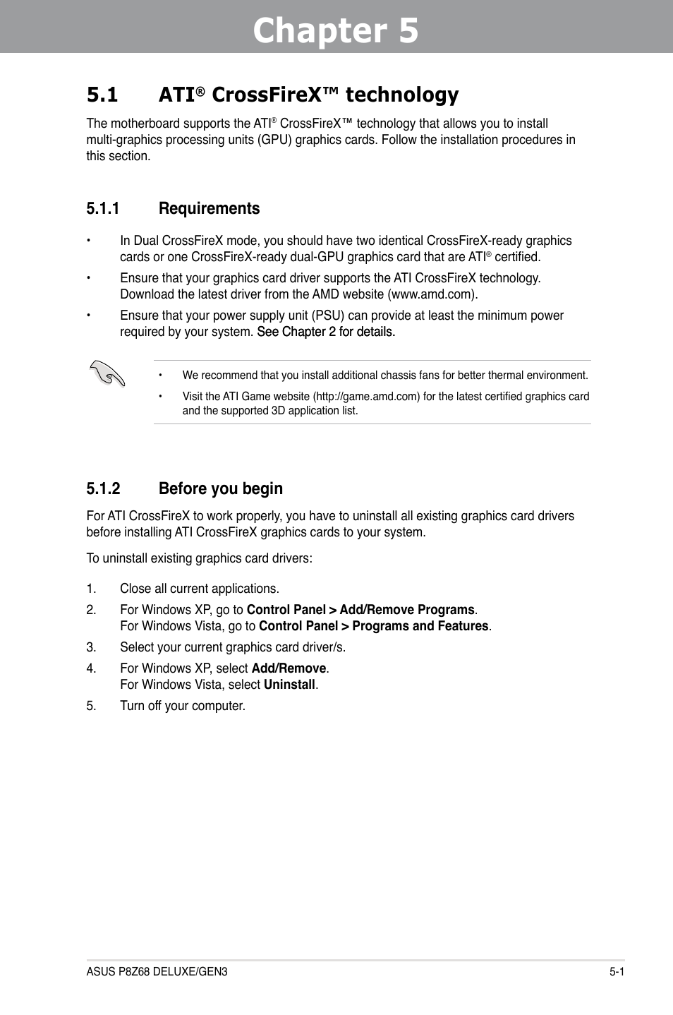 Chapter 5: multiple gpu technology support, 1 ati® crossfirex™ technology, 1 requirements | 2 before you begin, Chapter 5, Multiple gpu technology support, Crossfirex™ technology -1, Requirements -1, Before you begin -1, 1 ati | Asus P8Z68 DELUXE/GEN3 User Manual | Page 137 / 148