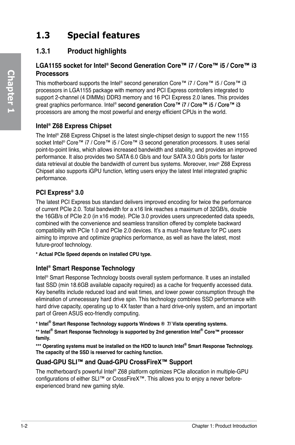 3 special features, 1 product highlights, Special features -2 1.3.1 | Product highlights -2, Chapter 1 1.3 special features | Asus P8Z68 DELUXE/GEN3 User Manual | Page 14 / 148