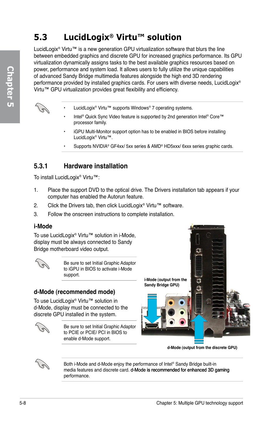 3 lucidlogix® virtu™ solution, 1 hardware installation, Lucidlogix | Virtu™ solution -8, Hardware installation -8, Chapter 5, 3 lucidlogix, Virtu™ solution, I-mode, D-mode (recommended mode) | Asus P8Z68 DELUXE/GEN3 User Manual | Page 144 / 148