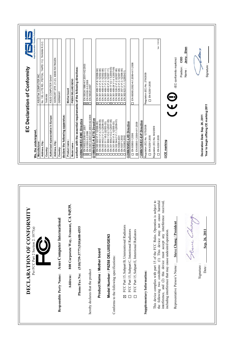 Declaration of conformity, Ec declaration of conformity, Asu s c om pu te r in te rn at io na l | Asus P8Z68 DELUXE/GEN3 User Manual | Page 148 / 148