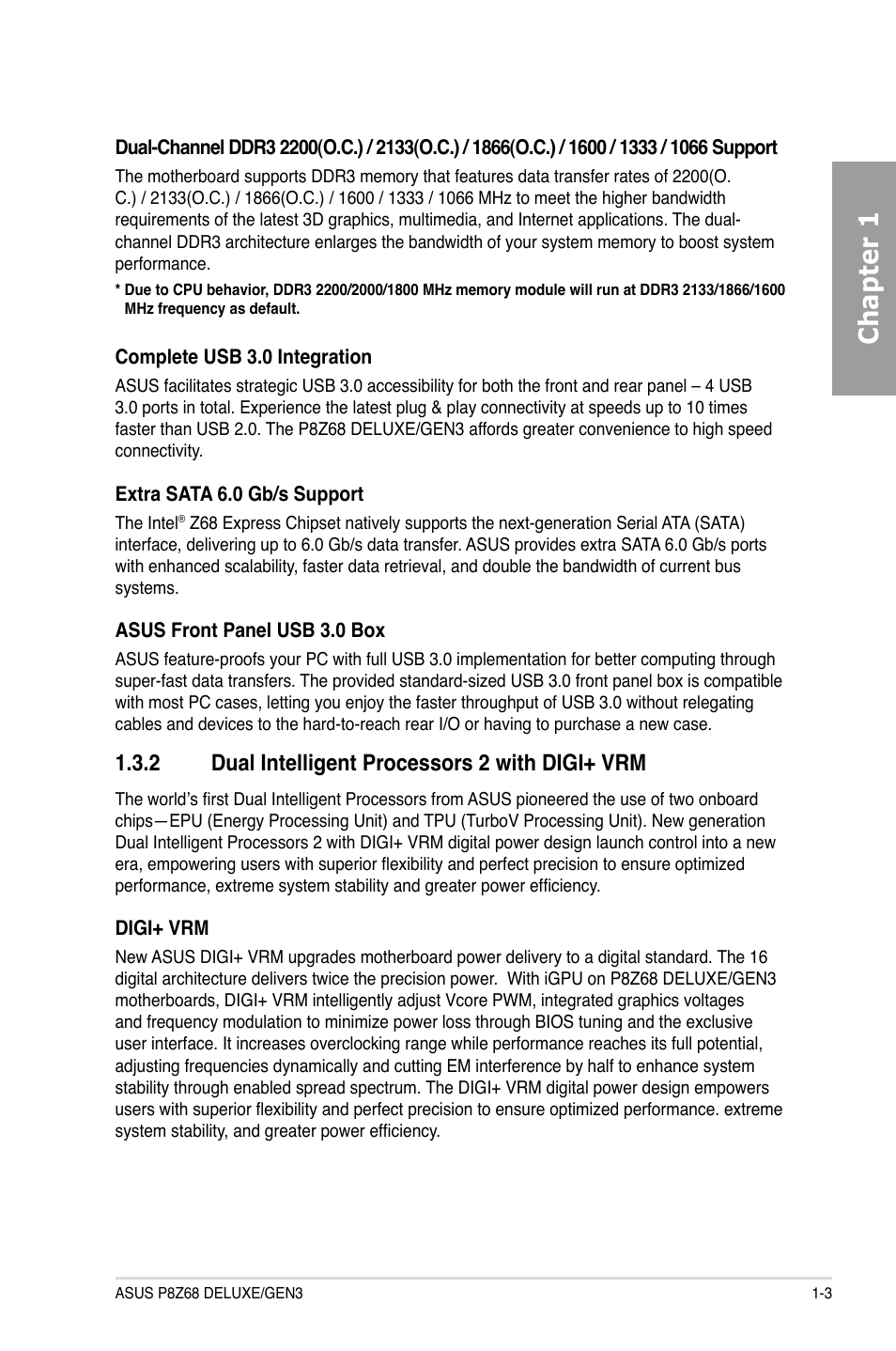 2 dual intelligent processors 2 with digi+ vrm, Dual intelligent processors 2 with digi+ vrm -3, Chapter 1 | Asus P8Z68 DELUXE/GEN3 User Manual | Page 15 / 148