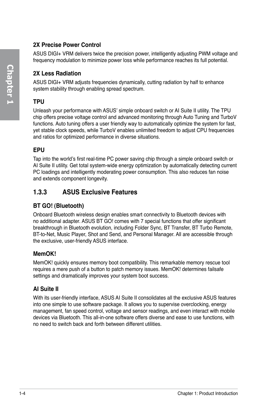 3 asus exclusive features, Asus exclusive features -4, Chapter 1 | Asus P8Z68 DELUXE/GEN3 User Manual | Page 16 / 148