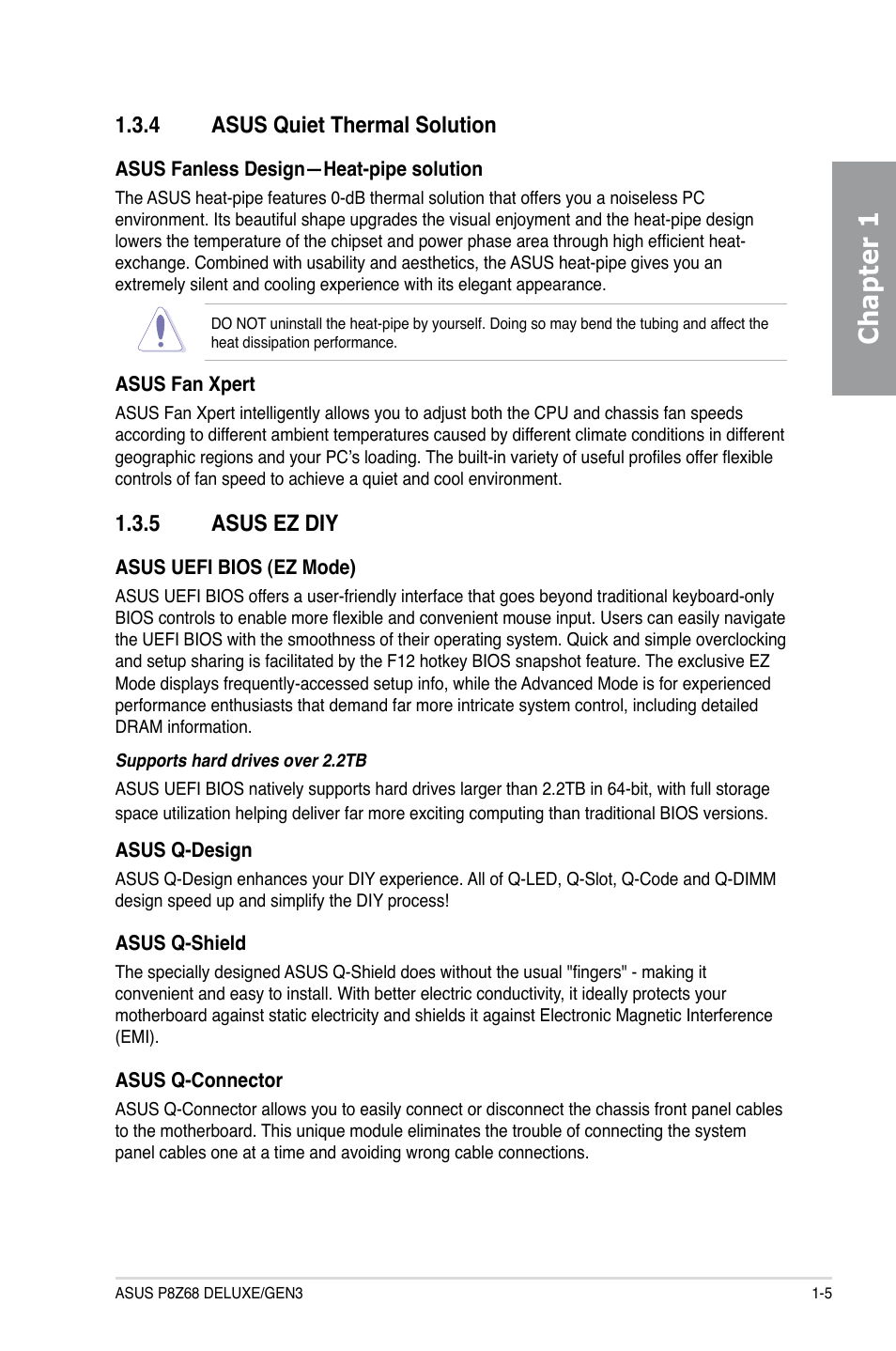 4 asus quiet thermal solution, 5 asus ez diy, Asus quiet thermal solution -5 | Asus ez diy -5, Chapter 1 | Asus P8Z68 DELUXE/GEN3 User Manual | Page 17 / 148