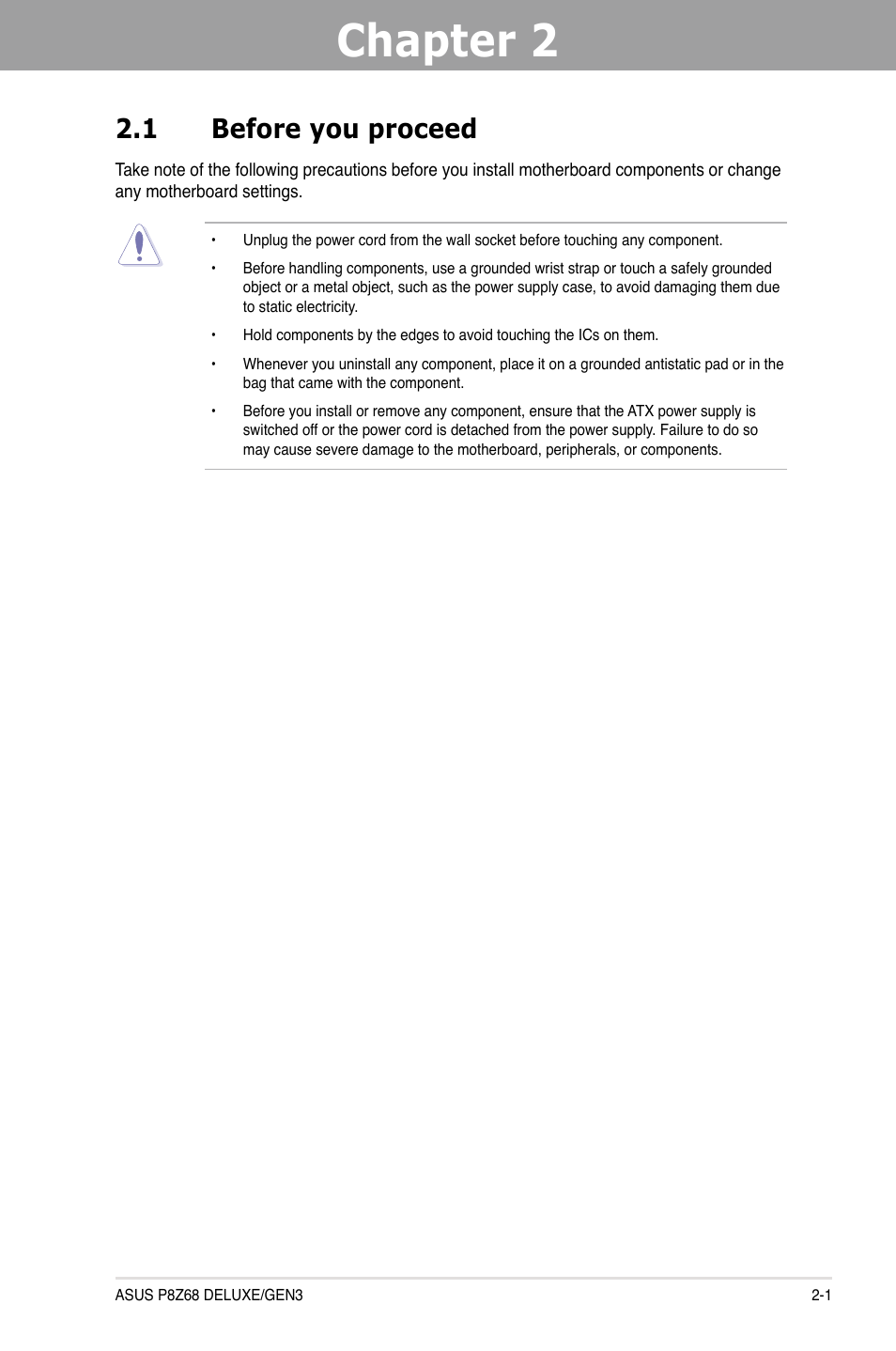 Chapter 2: hardware information, 1 before you proceed, Chapter 2 | Hardware information, Before you proceed -1 | Asus P8Z68 DELUXE/GEN3 User Manual | Page 19 / 148