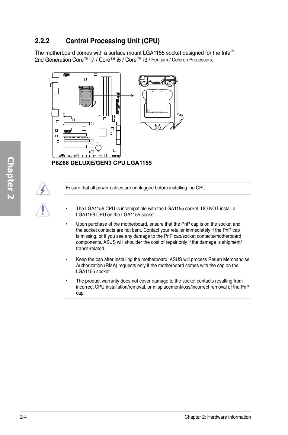 2 central processing unit (cpu), Central processing unit (cpu) -4, Chapter 2 | Asus P8Z68 DELUXE/GEN3 User Manual | Page 22 / 148