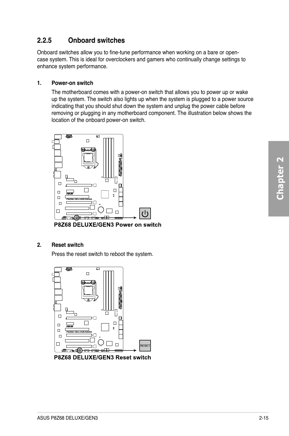 5 onboard switches, Onboard switches -15, Chapter 2 | Asus P8Z68 DELUXE/GEN3 User Manual | Page 33 / 148