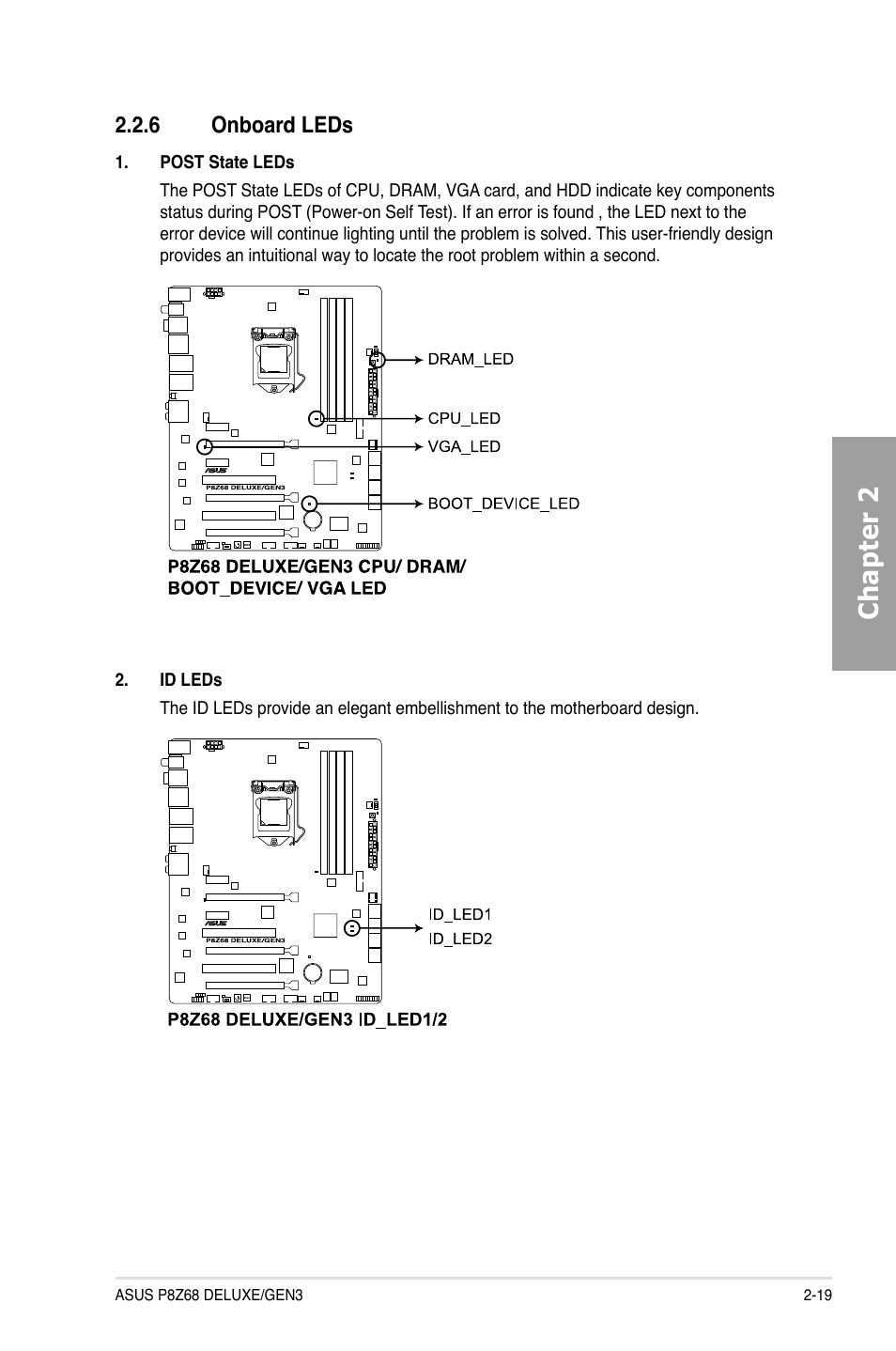6 onboard leds, Onboard leds -19, Chapter 2 | Asus P8Z68 DELUXE/GEN3 User Manual | Page 37 / 148