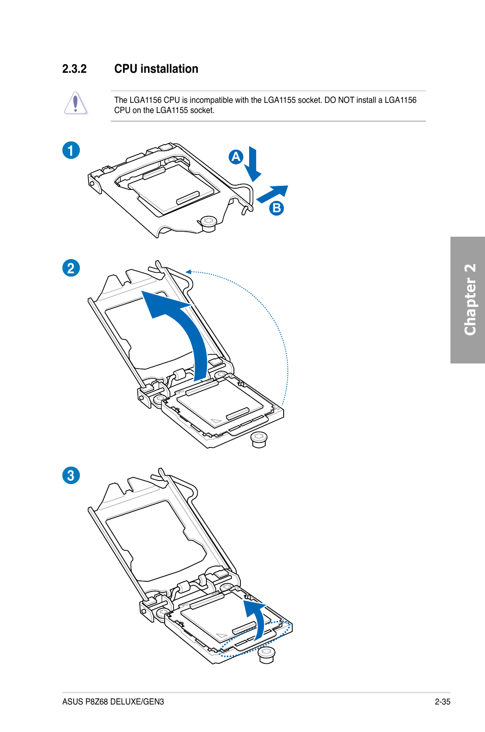 2 cpu installation, Cpu installation -35, Chapter 2 | Asus P8Z68 DELUXE/GEN3 User Manual | Page 53 / 148