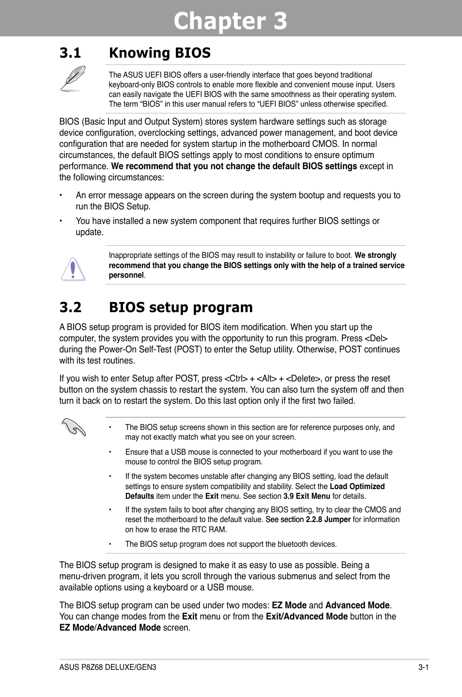 Chapter 3: bios setup, 1 knowing bios, 2 bios setup program | Chapter 3, Bios setup, Knowing bios -1, Bios setup program -1 | Asus P8Z68 DELUXE/GEN3 User Manual | Page 69 / 148