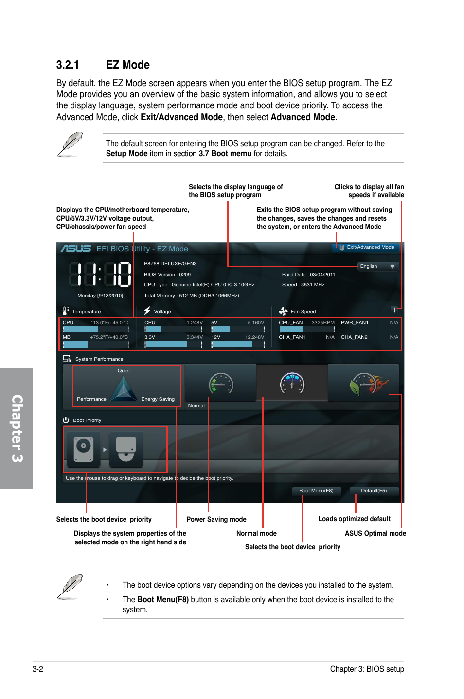 1 ez mode, Ez mode -2, Chapter 3 | 2 chapter 3: bios setup | Asus P8Z68 DELUXE/GEN3 User Manual | Page 70 / 148