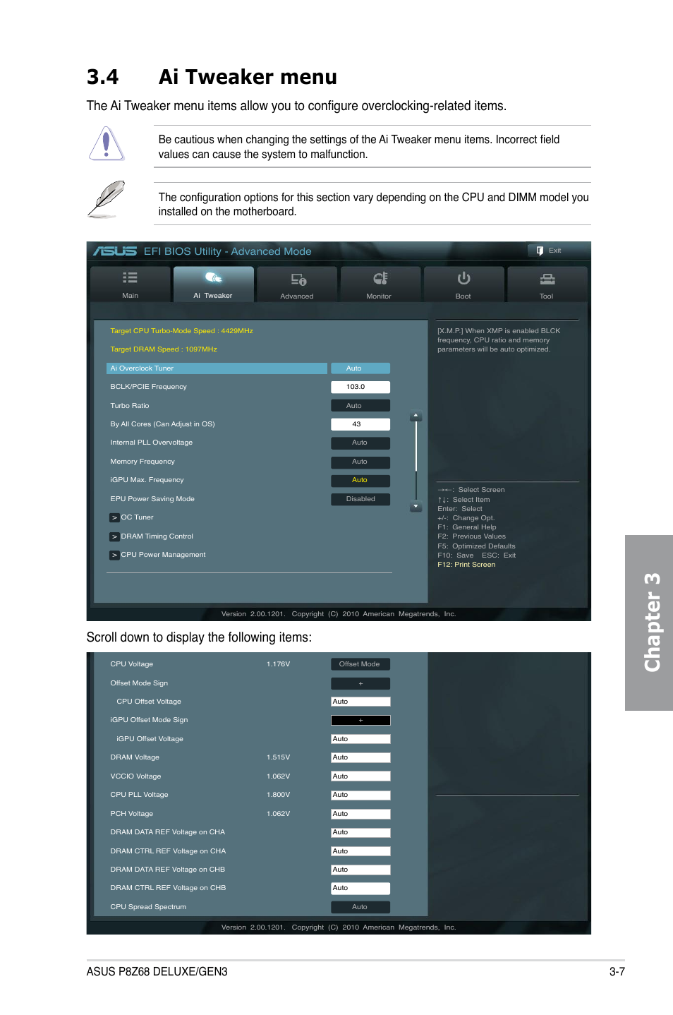 4 ai tweaker menu, Ai tweaker menu -7, Chapter 3 3.4 ai tweaker menu | Scroll down to display the following items, Efi bios utility - advanced mode | Asus P8Z68 DELUXE/GEN3 User Manual | Page 75 / 148