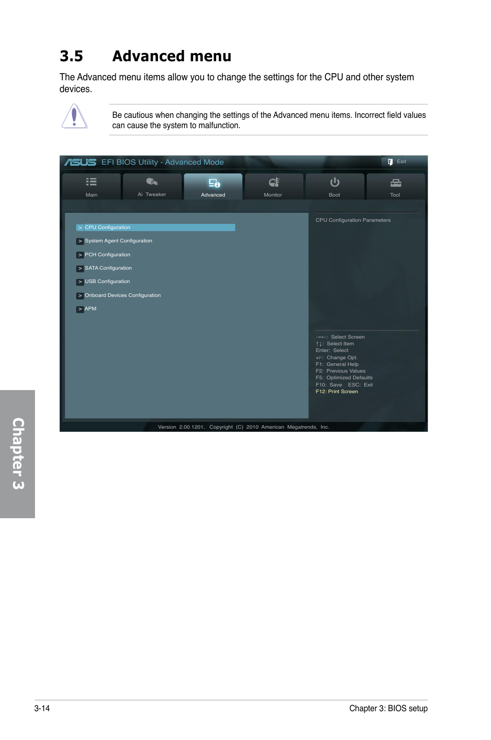 5 advanced menu, Advanced menu -14, Chapter 3 | 14 chapter 3: bios setup | Asus P8Z68 DELUXE/GEN3 User Manual | Page 82 / 148