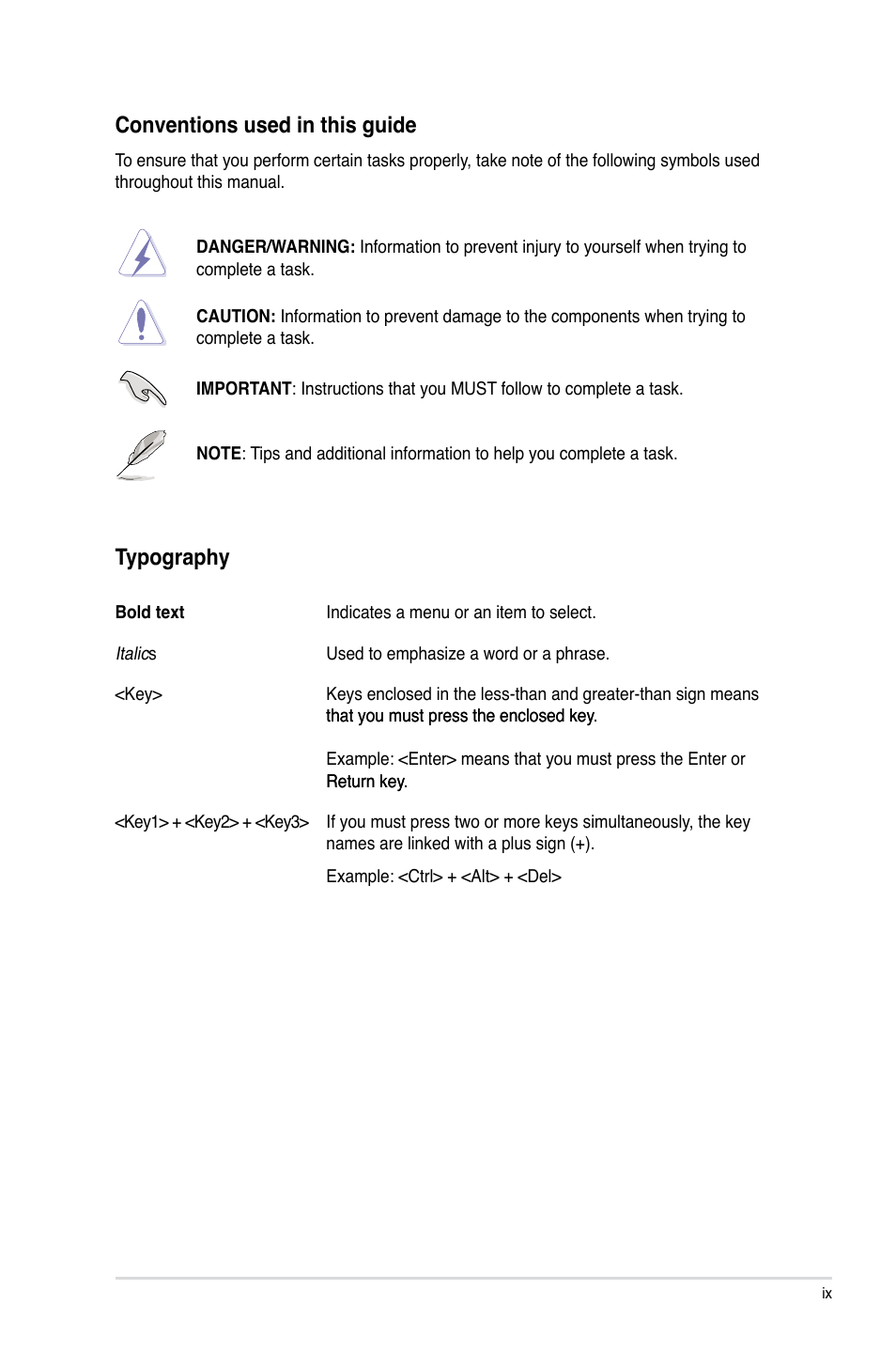 Conventions used in this guide, Typography | Asus P8Z68 DELUXE/GEN3 User Manual | Page 9 / 148