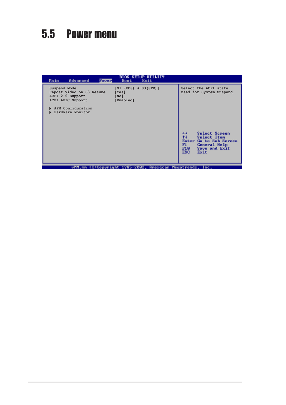 5 power menu, 1 suspend mode [s1(pos) & s3 (str), 2 repost video on s3 resume [yes | 3 acpi 2.0 support [no, 4 acpi apic support [enabled | Asus Pundit-R User Manual | Page 88 / 98