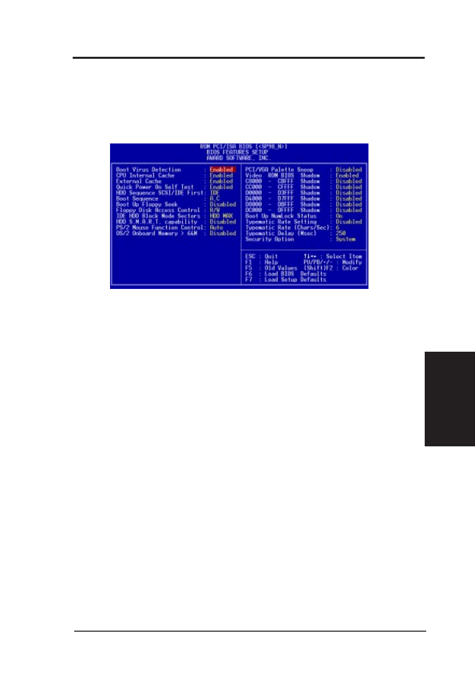 Bios setup, 4 bios features setup, 1 details of bios features setup | Asus SP98-N User Manual | Page 47 / 112