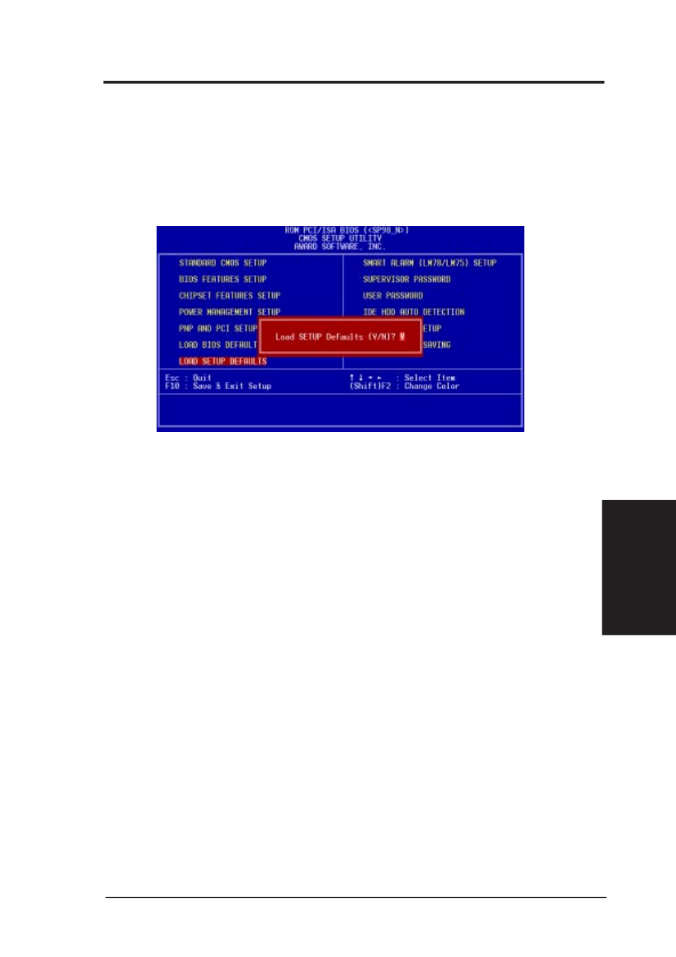 Bios setup, 8 load bios defaults, 9 load setup defaults | Asus SP98-N User Manual | Page 57 / 112