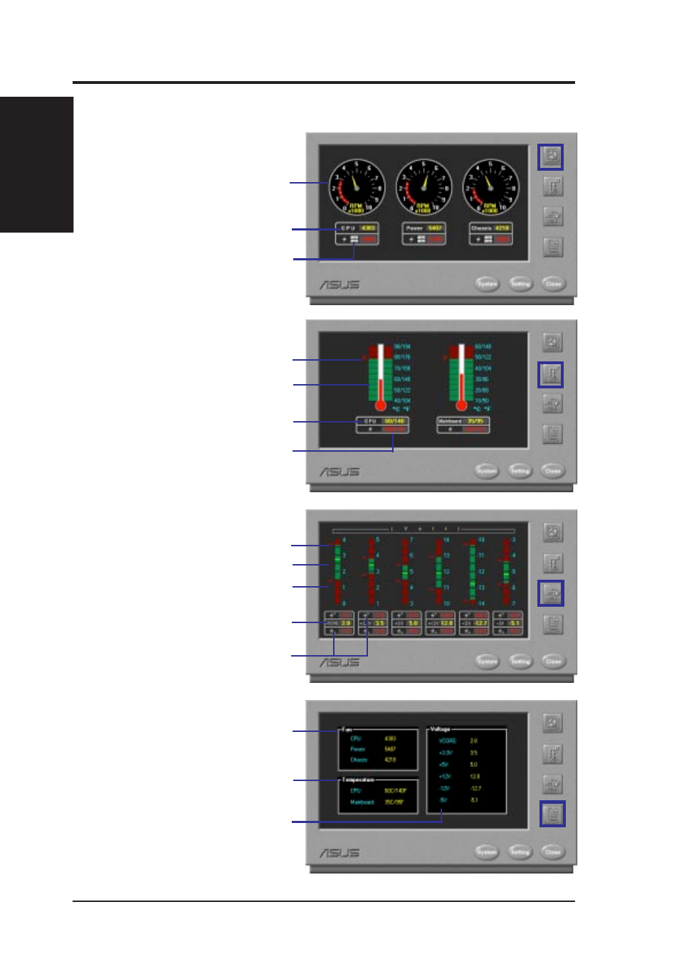 Software reference, 2 using the asus pc probe, Fan rotation status pc temperature status | Pc voltage status, Pc status summary | Asus SP98-N User Manual | Page 72 / 112