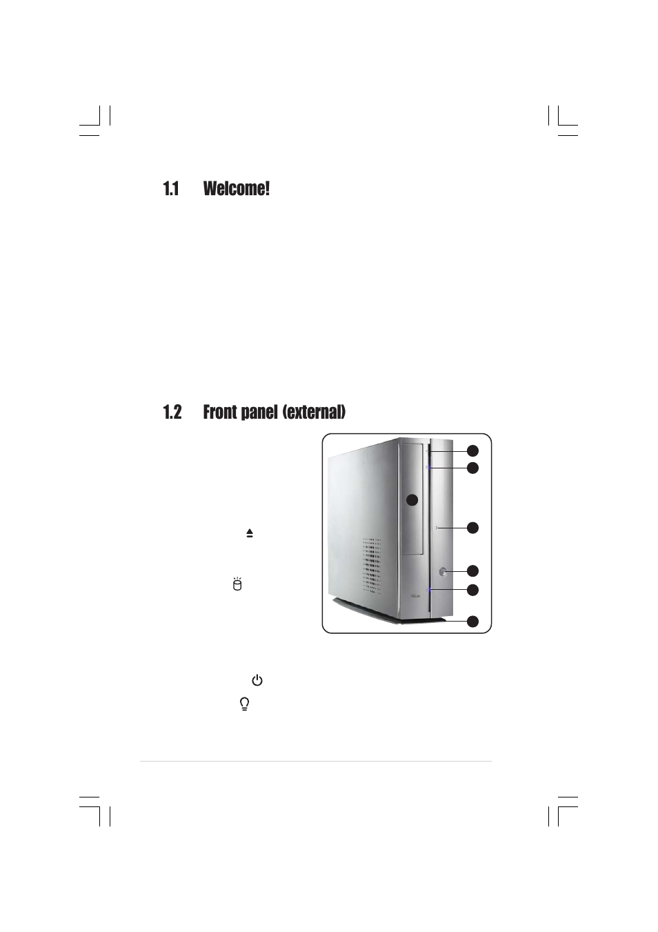 1 welcome, 2 front panel (external) | Asus Pundit-R350 User Manual | Page 12 / 94