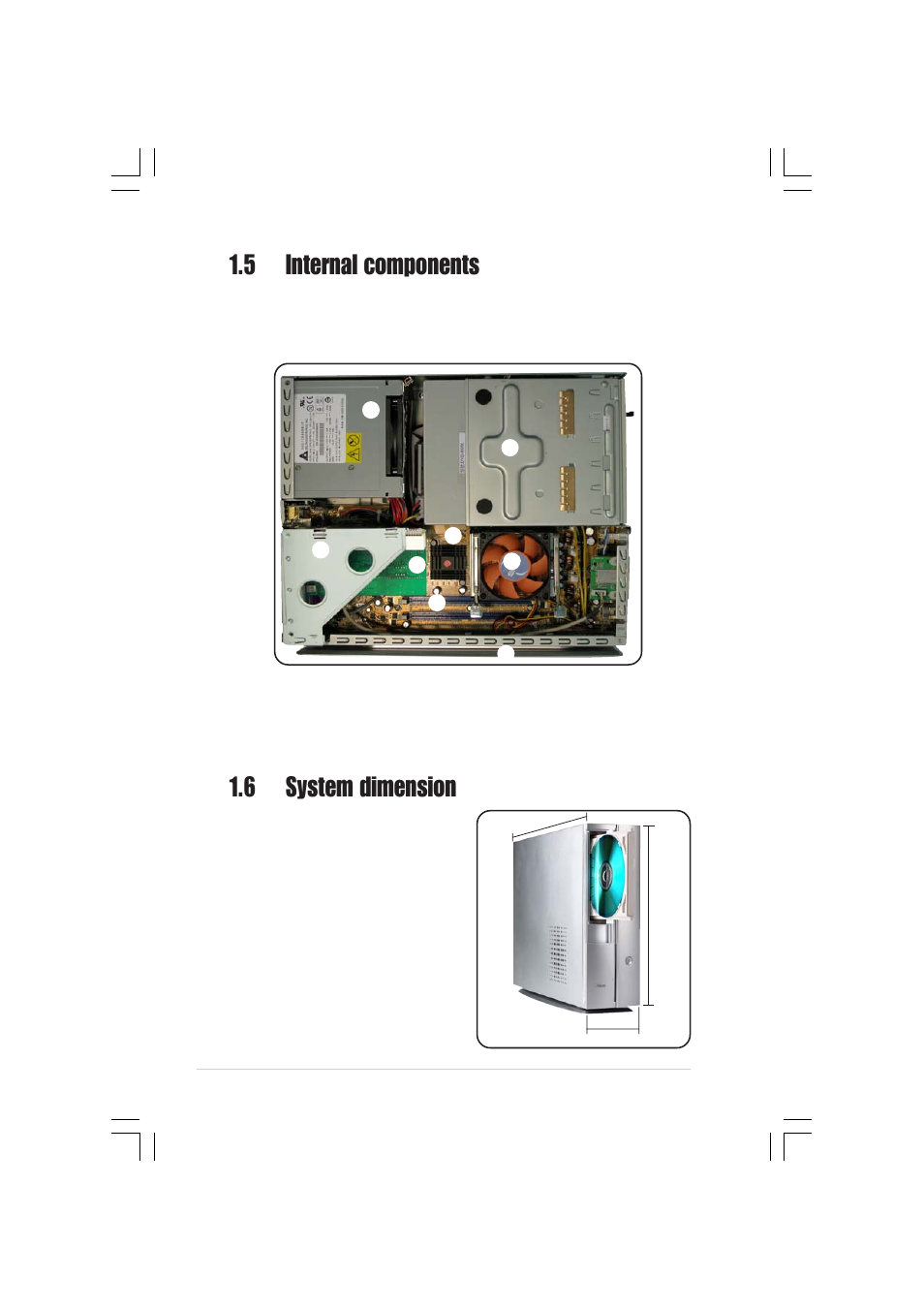 6 system dimension, 5 internal components | Asus Pundit-R350 User Manual | Page 16 / 94
